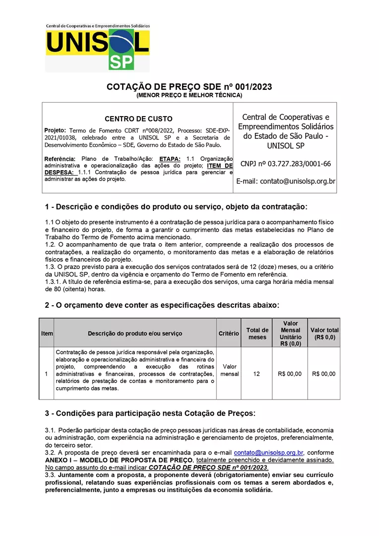 COTAÇÃO DE PREÇO SDE 001/23